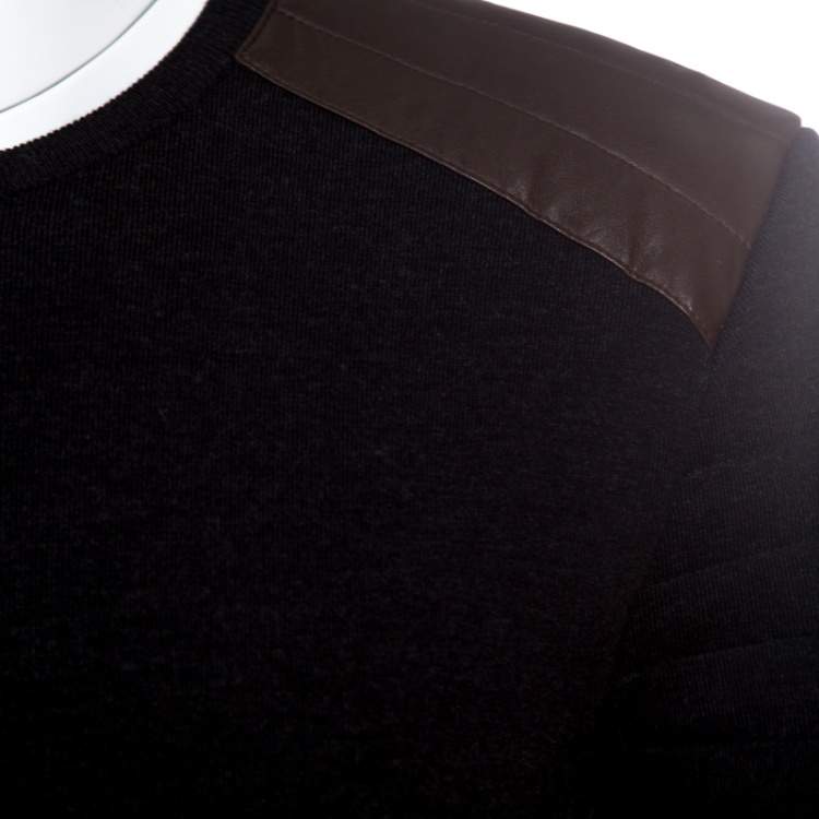 Pre Owned Ralph Lauren Charcoal Grey Merino Wool Leather Panel Detail Sweater M