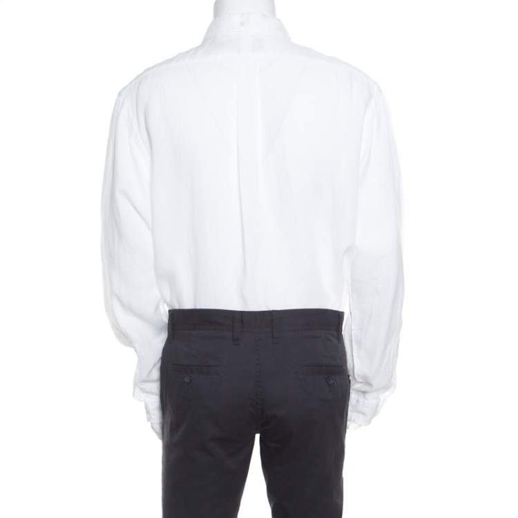 Pre Owned Ralph Lauren White Linen Logo Embroidered Slim Fit Button Down Shirt XXL
