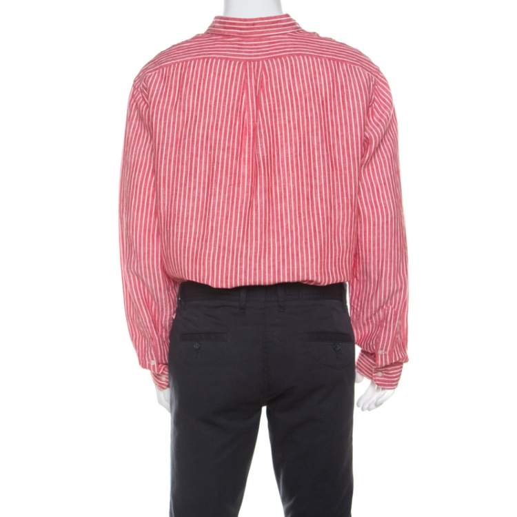 مملوكة مسبقًا Ralph Lauren Red and White Striped Linen Button Down Custom Fit Shirt XXL