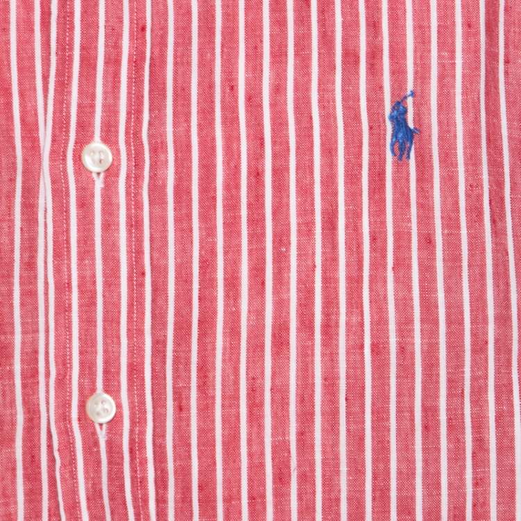 مملوكة مسبقًا Ralph Lauren Red and White Striped Linen Button Down Custom Fit Shirt XXL