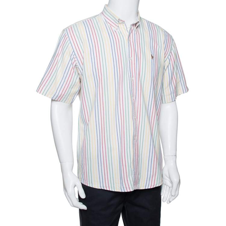 مملوكة مسبقًا Ralph Lauren White Striped Cotton Short Sleeve Shirt XL