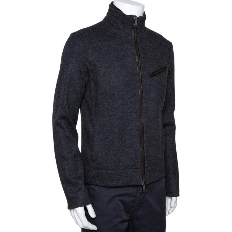 Pre Owned Ralph Lauren Grey Herringbone Wool Zip Front Jacket M