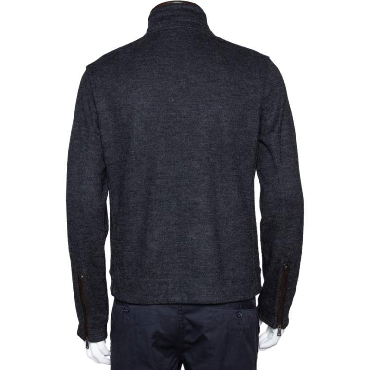 Pre Owned Ralph Lauren Grey Herringbone Wool Zip Front Jacket M