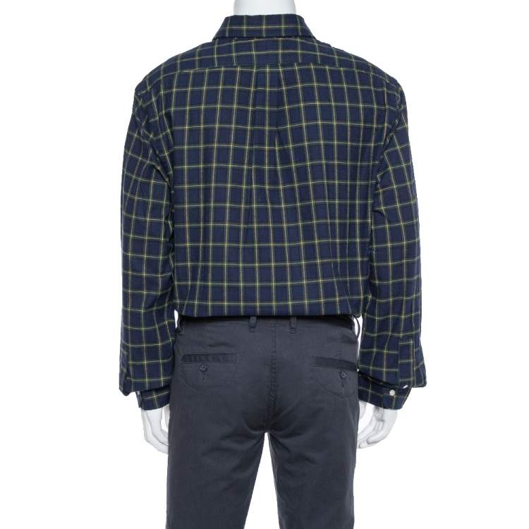 Pre Owned Ralph Lauren Navy Blue Plaid Cotton Long Sleeve Button Front Shirt XXL