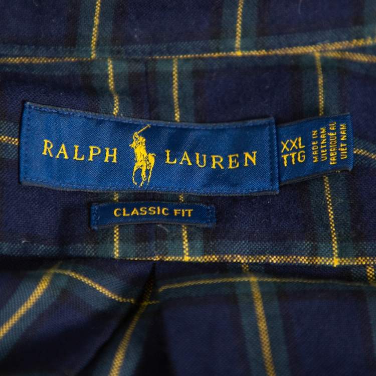 Pre Owned Ralph Lauren Navy Blue Plaid Cotton Long Sleeve Button Front Shirt XXL