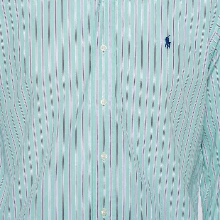 Pre Owned Ralph Lauren Green Striped Cotton Button Front Custom Fit Shirt M