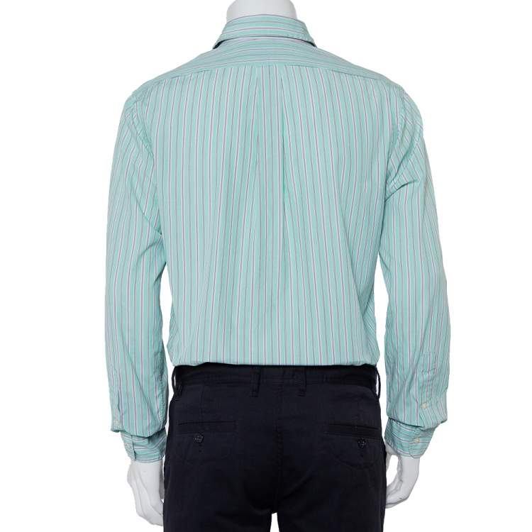 Pre Owned Ralph Lauren Green Striped Cotton Button Front Custom Fit Shirt M