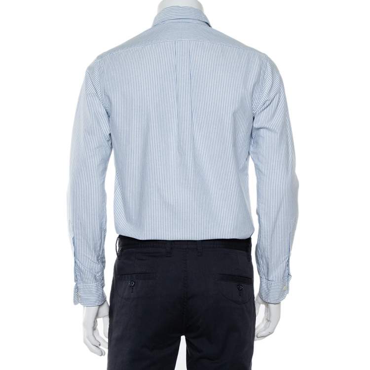 مملوكة مسبقًا Ralph Lauren White & Blue Striped Cotton Logo Embroidered Button Front Shirt S