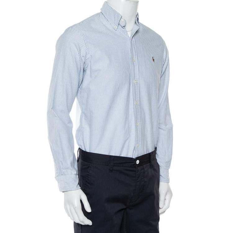 مملوكة مسبقًا Ralph Lauren White & Blue Striped Cotton Logo Embroidered Button Front Shirt S