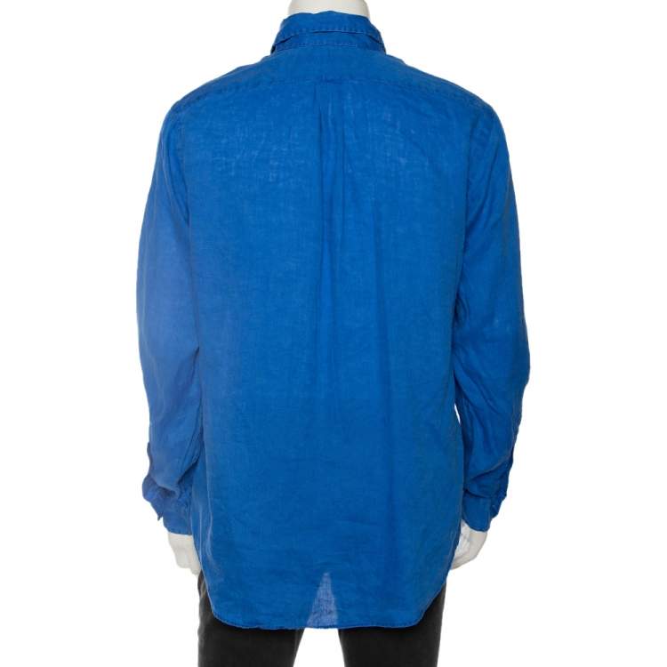 Pre Owned Ralph Lauren Blue Ocean Wash Linen Button Front Sport Shirt L