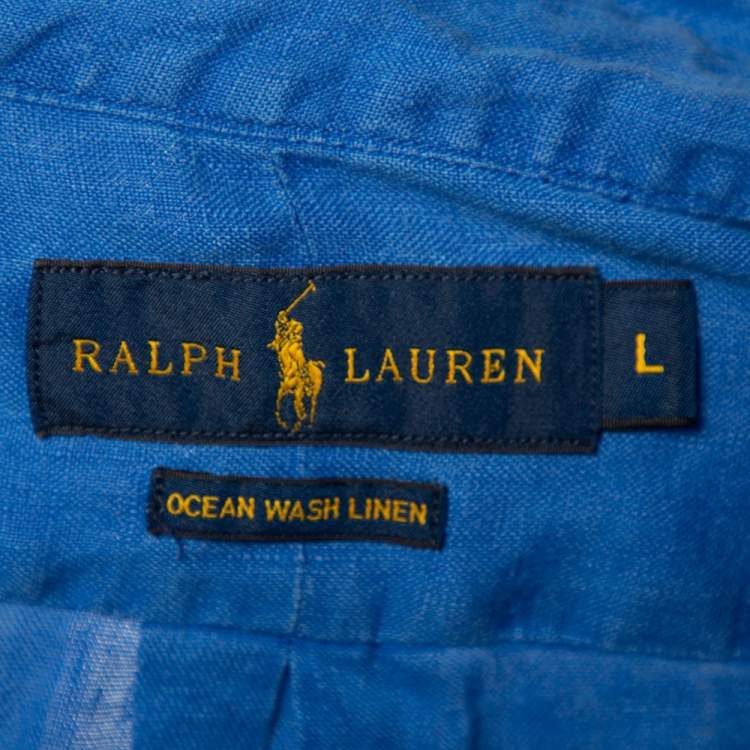 Pre Owned Ralph Lauren Blue Ocean Wash Linen Button Front Sport Shirt L