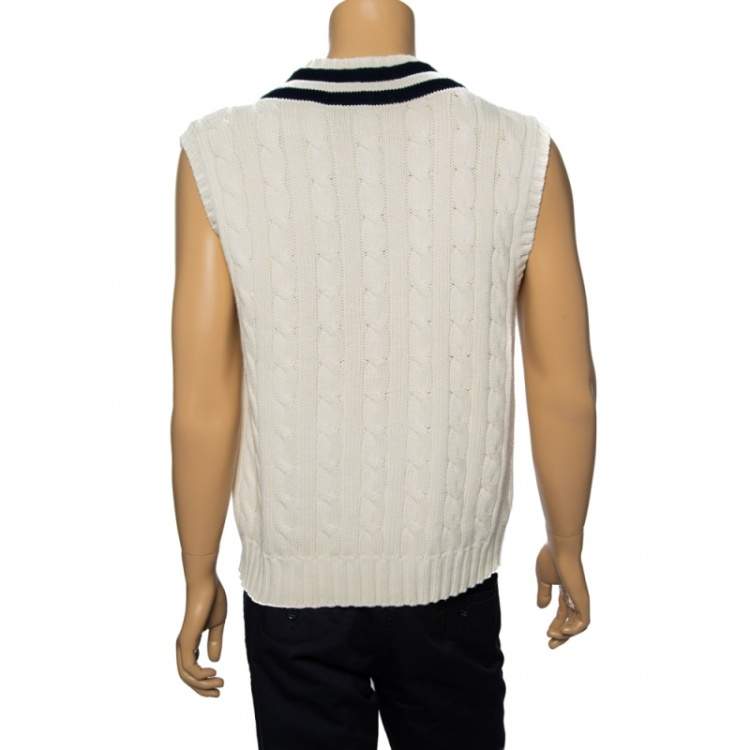 Pre Owned Polo by Ralph Lauren Wimbledon Off-White Cable Knit Sleeveless Vest L