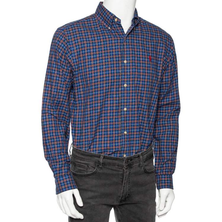 Pre Owned Ralph Lauren Blue Checked Cotton Button Front Classic Fit Shirt M