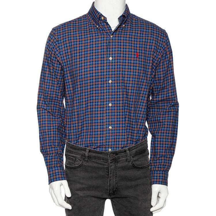 Pre Owned Ralph Lauren Blue Checked Cotton Button Front Classic Fit Shirt M