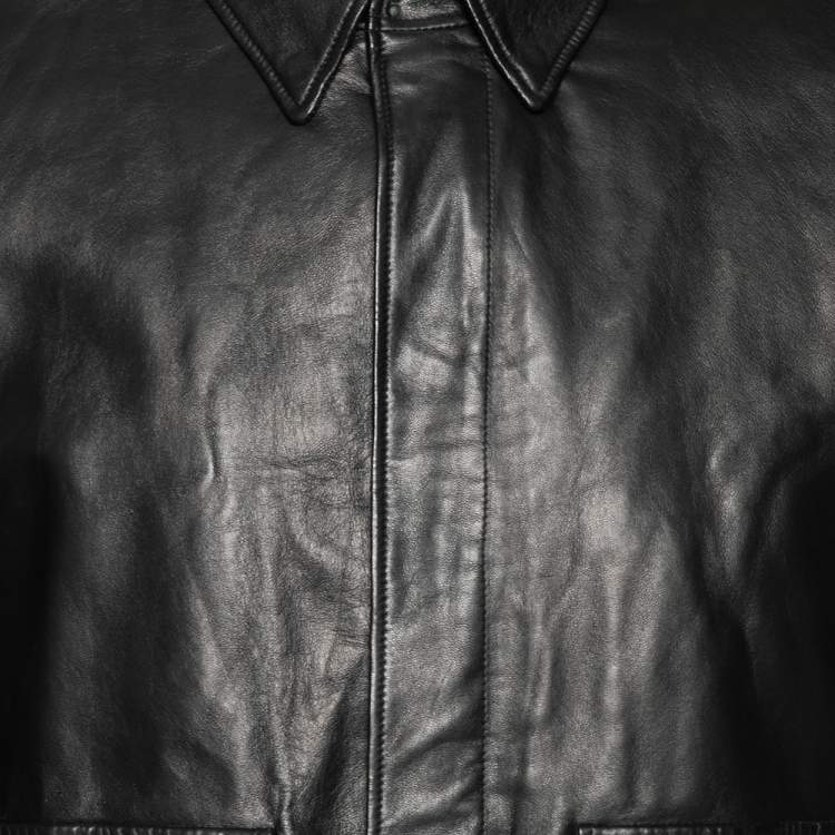 Pre Owned Ralph Lauren Black Leather Zip Front Bomber Jacket L