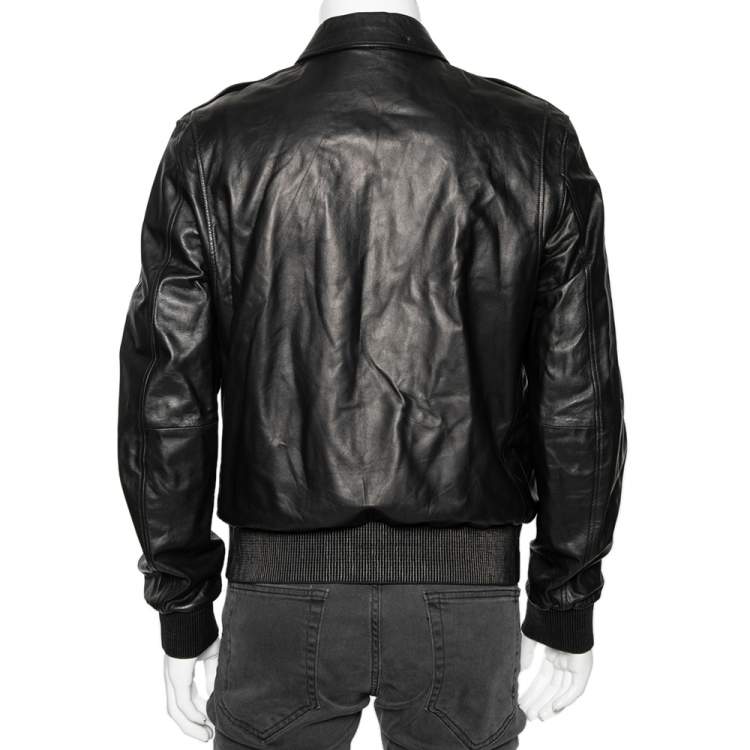 Pre Owned Ralph Lauren Black Leather Zip Front Bomber Jacket L