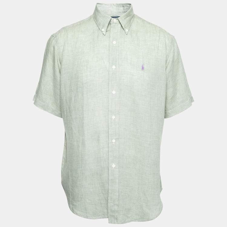 Pre Owned Ralph Lauren Green Checked Linen Short Sleeve Button Front Shirt L