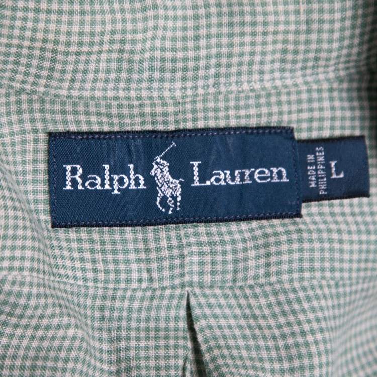 Pre Owned Ralph Lauren Green Checked Linen Short Sleeve Button Front Shirt L