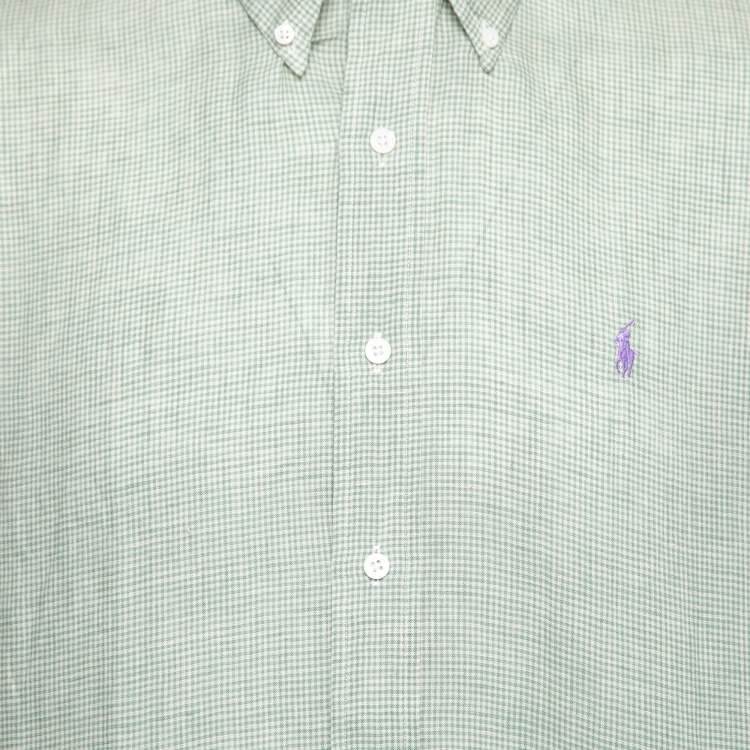 Pre Owned Ralph Lauren Green Checked Linen Short Sleeve Button Front Shirt L