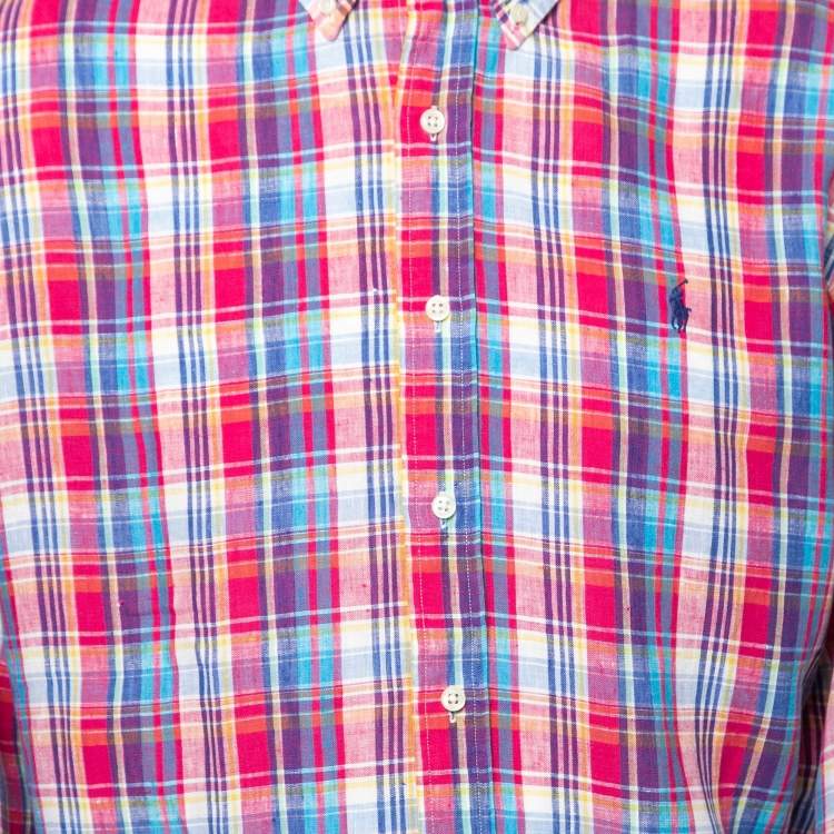Pre Owned Ralph Lauren Pink Checked Linen Button Down Shirt XL