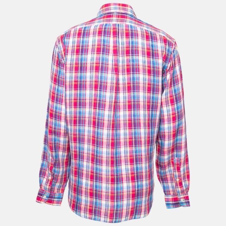 Pre Owned Ralph Lauren Pink Checked Linen Button Down Shirt XL
