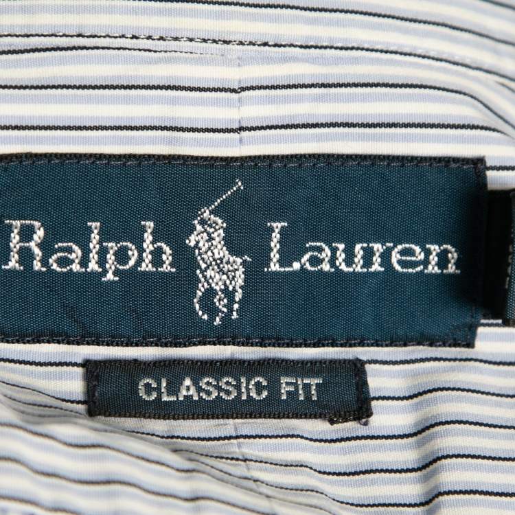 Pre Owned Ralph Lauren Blue Striped Cotton Classic Fit Short Sleeve Shirt L