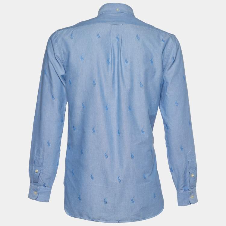 Pre Owned Ralph Lauren Blue Logo Jacquard Cotton Long Sleeve Shirt M