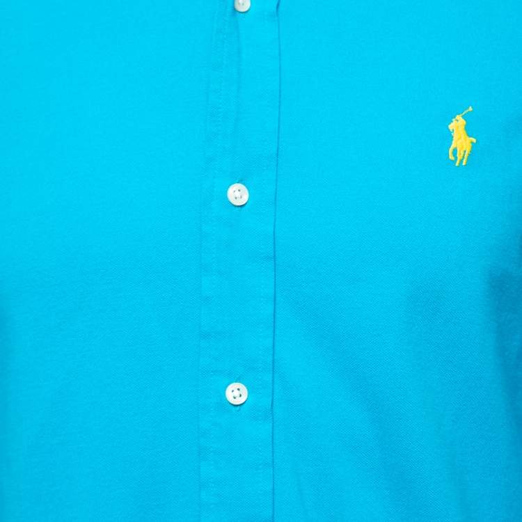 Pre Owned Ralph Lauren Cyan Blue Featherweight Cotton Mesh Button Front Shirt M