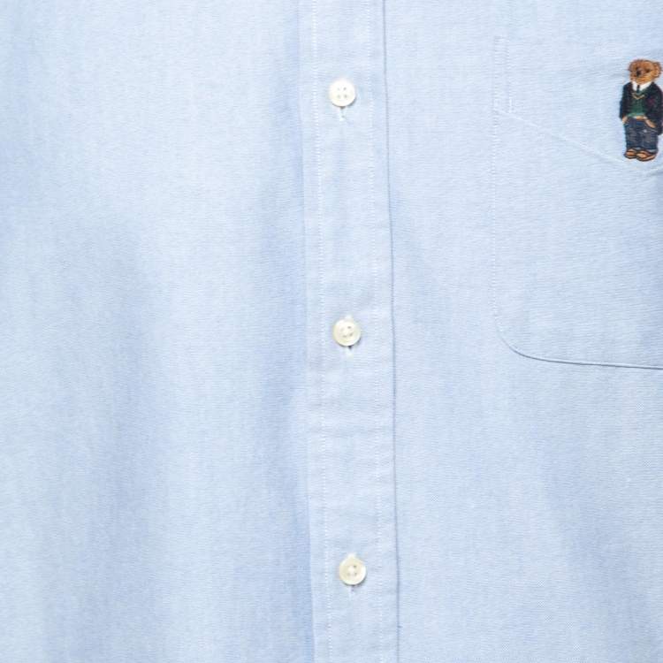Pre Owned Ralph Lauren Light Blue Cotton Bear Logo Button Front Shirt L