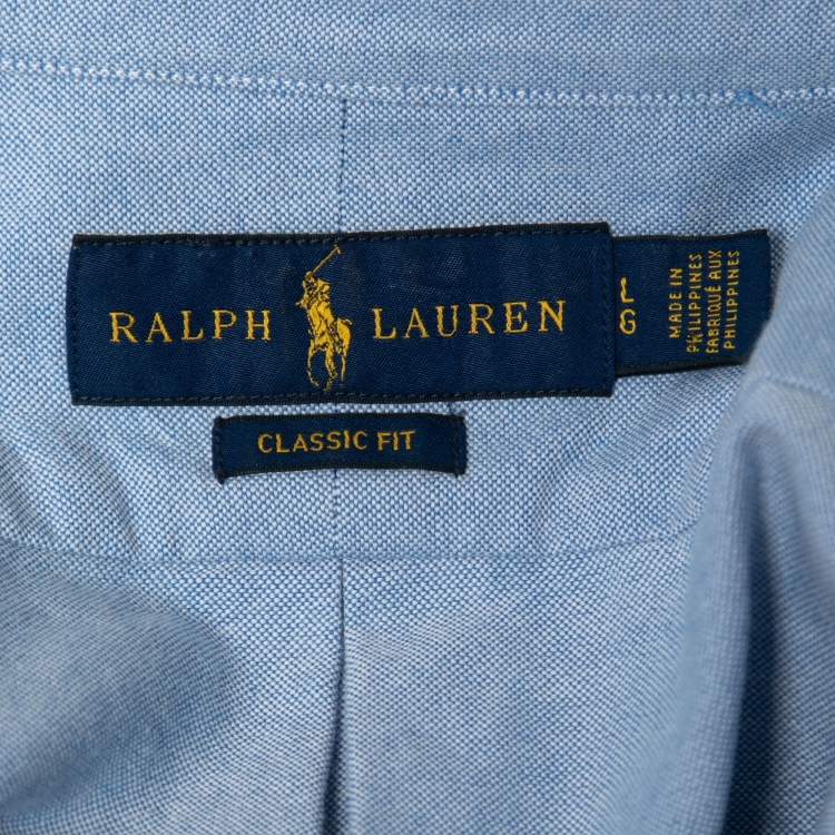 Pre Owned Ralph Lauren Light Blue Cotton Bear Logo Button Front Shirt L