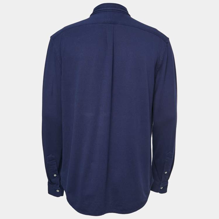 Pre Owned Ralph Lauren Navy Blue Knit Oxford Full Sleeve Shirt L