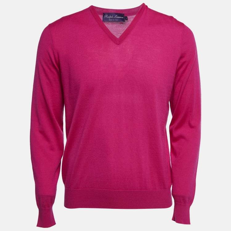 Pre Owned Ralph Lauren Dark Pink Cashmere Knit V-Neck Sweater L
