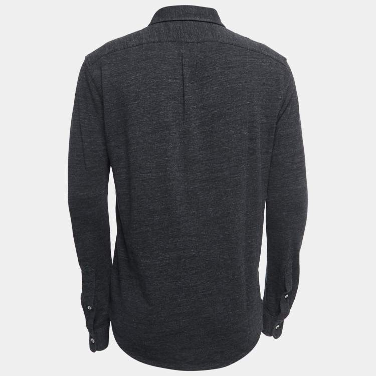 مملوكة مسبقًا Ralph Lauren Dark Grey Cotton Button Front Full Sleeve Featherweight Mesh T-Shirt M