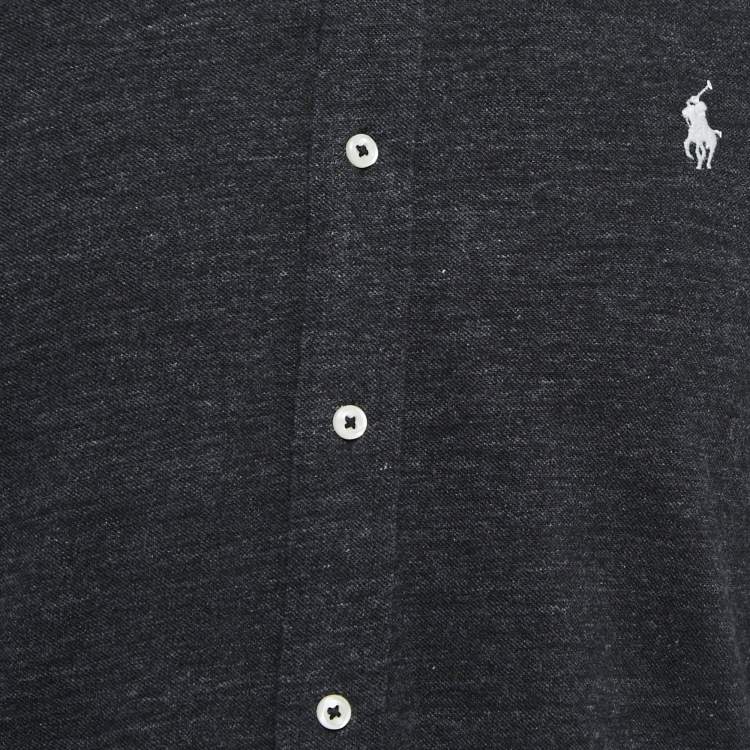 مملوكة مسبقًا Ralph Lauren Dark Grey Cotton Button Front Full Sleeve Featherweight Mesh T-Shirt M