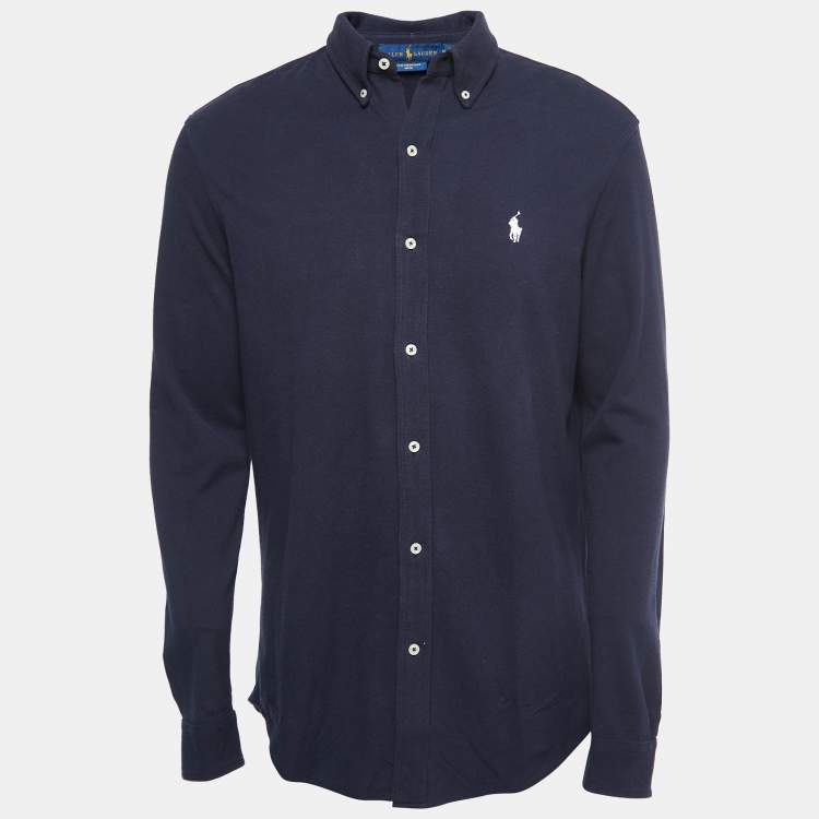 Pre Owned Ralph Lauren Navy Blue Cotton Button Front Full Sleeve Featherweight Mesh T-Shirt M