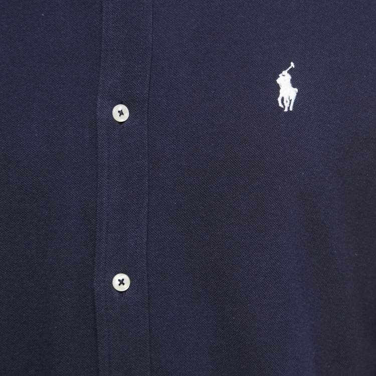 Pre Owned Ralph Lauren Navy Blue Cotton Button Front Full Sleeve Featherweight Mesh T-Shirt M