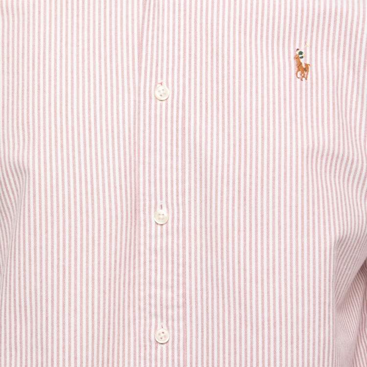 Pre Owned Ralph Lauren Red Striped Cotton Button Down Custom Fit Full Sleeve Shirt M