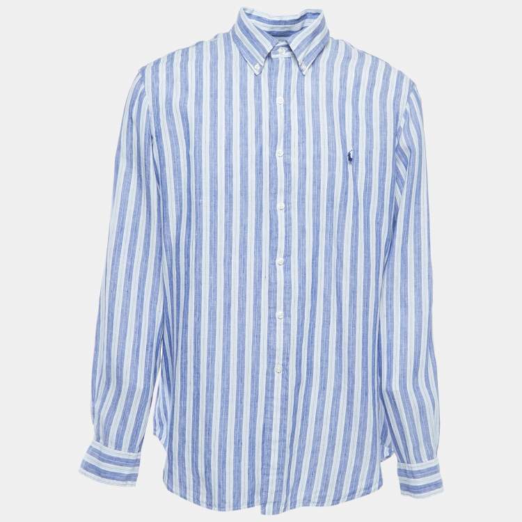 Pre Owned Ralph Lauren Blue Striped Ocean Wash Linen Button Down Full Sleeve Shirt XL