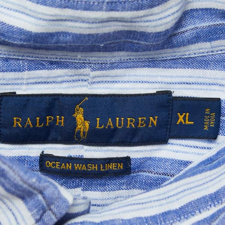 Pre Owned Ralph Lauren Blue Striped Ocean Wash Linen Button Down Full Sleeve Shirt XL