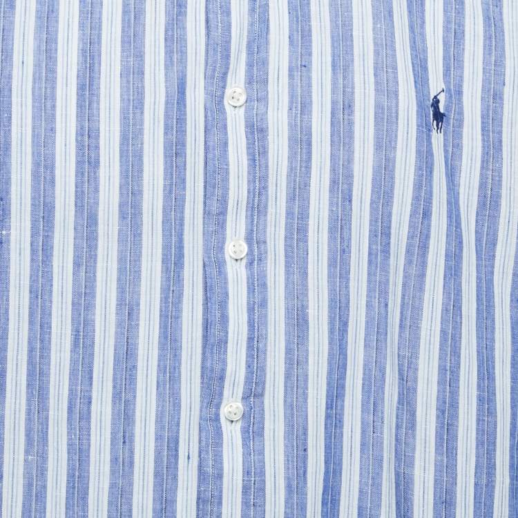 Pre Owned Ralph Lauren Blue Striped Ocean Wash Linen Button Down Full Sleeve Shirt XL