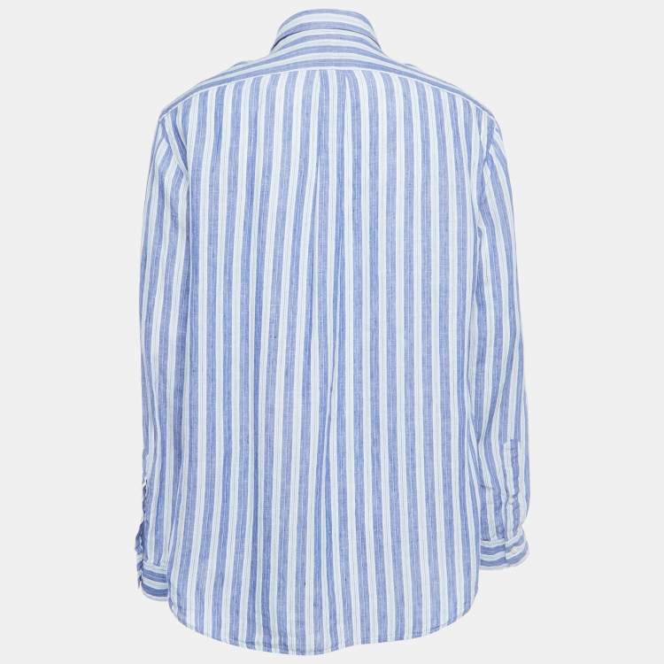 Pre Owned Ralph Lauren Blue Striped Ocean Wash Linen Button Down Full Sleeve Shirt XL