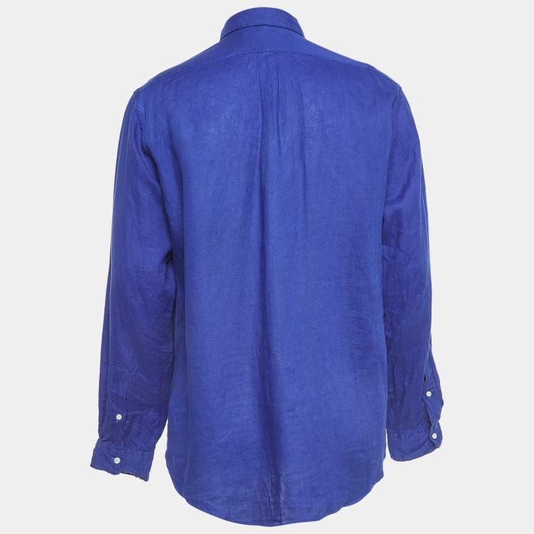 Pre Owned Ralph Lauren Blue Linen Long Sleeve Custom Fit Shirt L