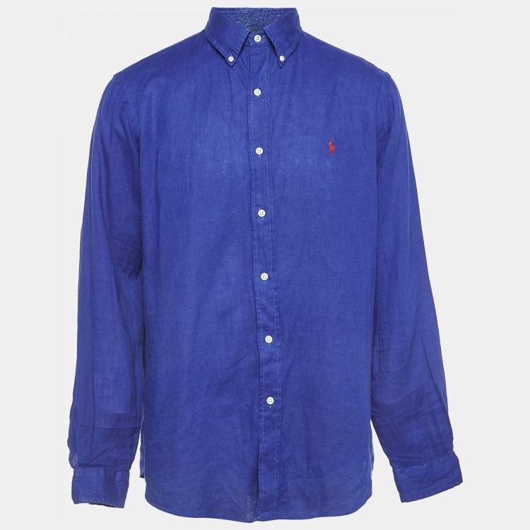 Pre Owned Ralph Lauren Blue Linen Long Sleeve Custom Fit Shirt L