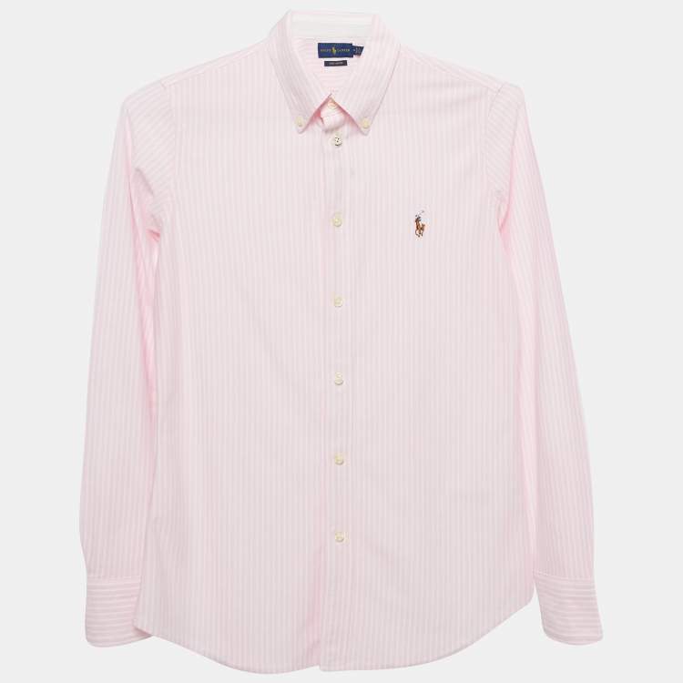 Ralph Lauren Pink Striped Cotton Knit Oxford Button Down Shirt M Ralph Lauren TLC