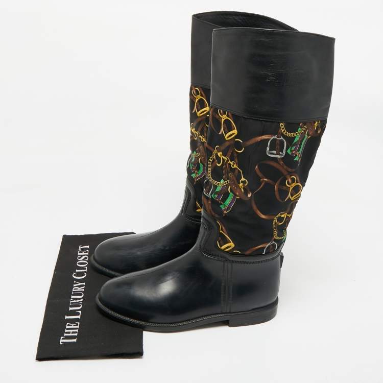Pre Owned Ralph Lauren Black Rubber and Satin Chain Print Rain Boots Size 43.5  