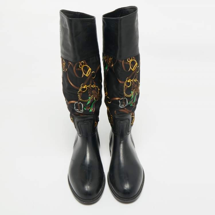Pre Owned Ralph Lauren Black Rubber and Satin Chain Print Rain Boots Size 43.5  