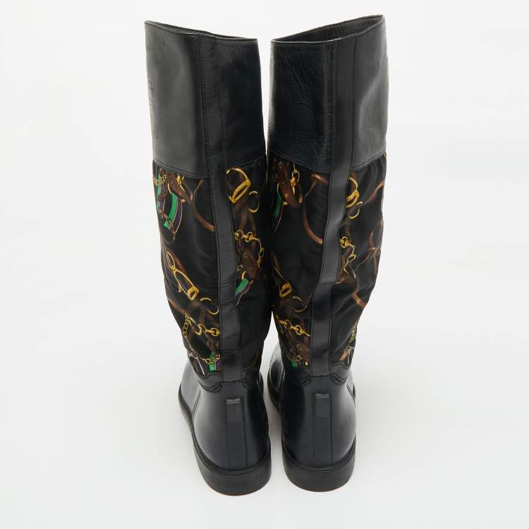 Pre Owned Ralph Lauren Black Rubber and Satin Chain Print Rain Boots Size 43.5  