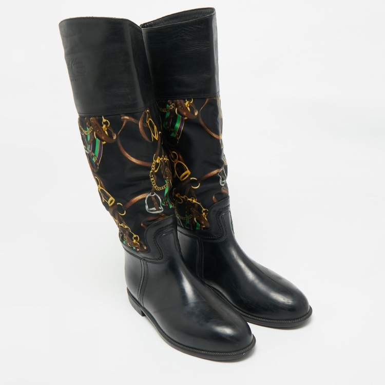 Pre Owned Ralph Lauren Black Rubber and Satin Chain Print Rain Boots Size 43.5  