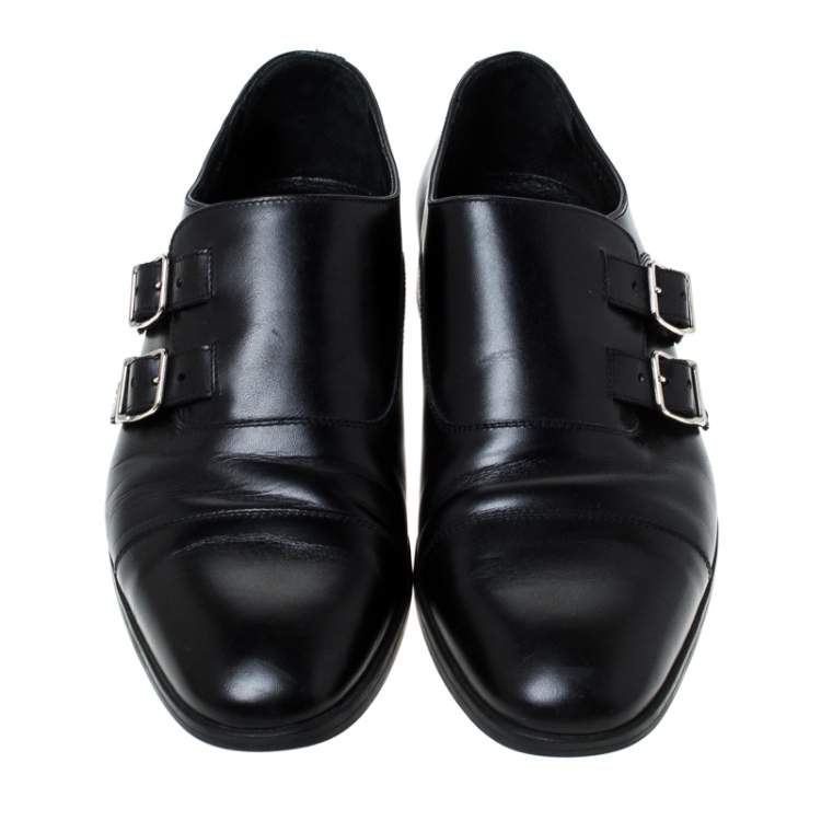 مملوكة مسبقًا Ralph Lauren Black Leather Double Strap Monk Oxfords Size 42