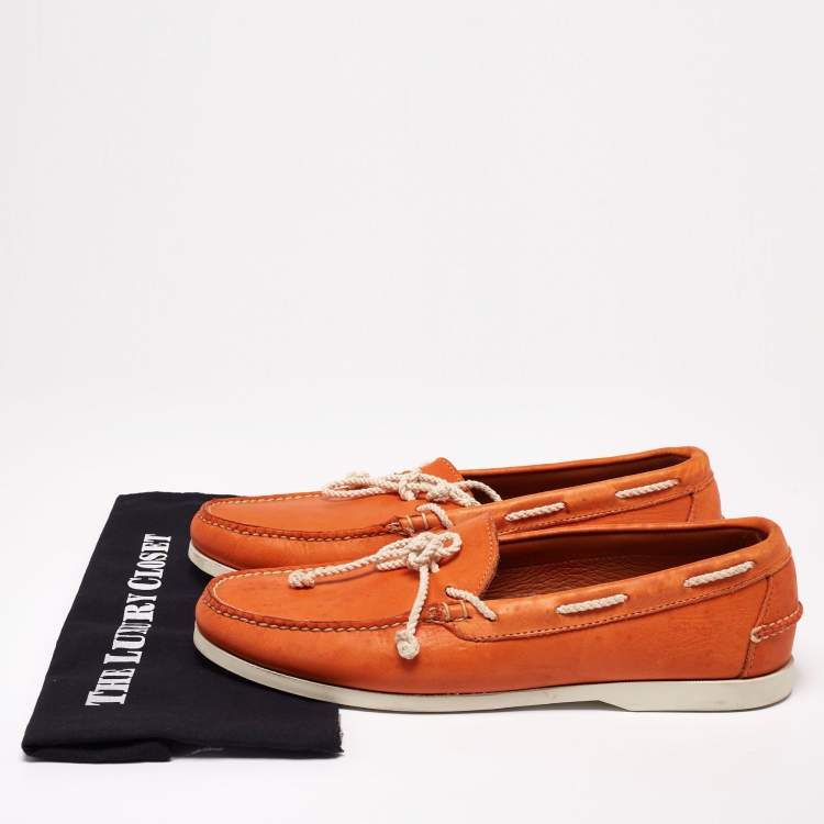 Pre Owned Ralph Lauren Orange Leather Bow Boat Loafers Size 44.5